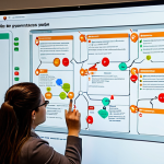 ** A team of software developers collaboratively working on a dynamic concept map on a large touchscreen display. The concept map should be visually engaging, showing different tasks, responsibilities, and progress indicators within an Agile/Scrum workflow (Kanban style). The team members should be actively discussing and modifying the map, demonstrating real-time collaboration and improved team communication.
