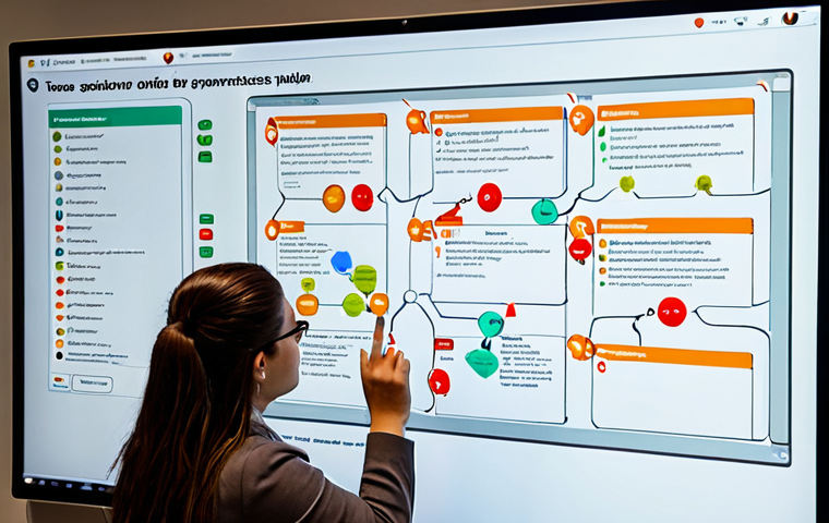 ** A team of software developers collaboratively working on a dynamic concept map on a large touchscreen display. The concept map should be visually engaging, showing different tasks, responsibilities, and progress indicators within an Agile/Scrum workflow (Kanban style). The team members should be actively discussing and modifying the map, demonstrating real-time collaboration and improved team communication.