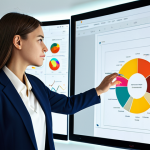 A professional female visual designer, fully clothed in a modest business suit, is intently working on a large digital display in a modern, brightly lit office. The screen shows a complex diagram with information blocks clearly distinguished by harmonious color palettes (warm tones for core concepts, cool tones for background information) and logically grouped with visible spatial boundaries. Her hands are naturally positioned on a sleek tablet, demonstrating well-formed hands and perfect anatomy. The overall scene is clean, organized, and highlights effective data visualization principles, with correct proportions, professional dress, appropriate content, safe for work, family-friendly.
