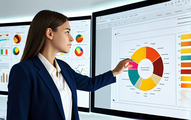 A professional female visual designer, fully clothed in a modest business suit, is intently working on a large digital display in a modern, brightly lit office. The screen shows a complex diagram with information blocks clearly distinguished by harmonious color palettes (warm tones for core concepts, cool tones for background information) and logically grouped with visible spatial boundaries. Her hands are naturally positioned on a sleek tablet, demonstrating well-formed hands and perfect anatomy. The overall scene is clean, organized, and highlights effective data visualization principles, with correct proportions, professional dress, appropriate content, safe for work, family-friendly.