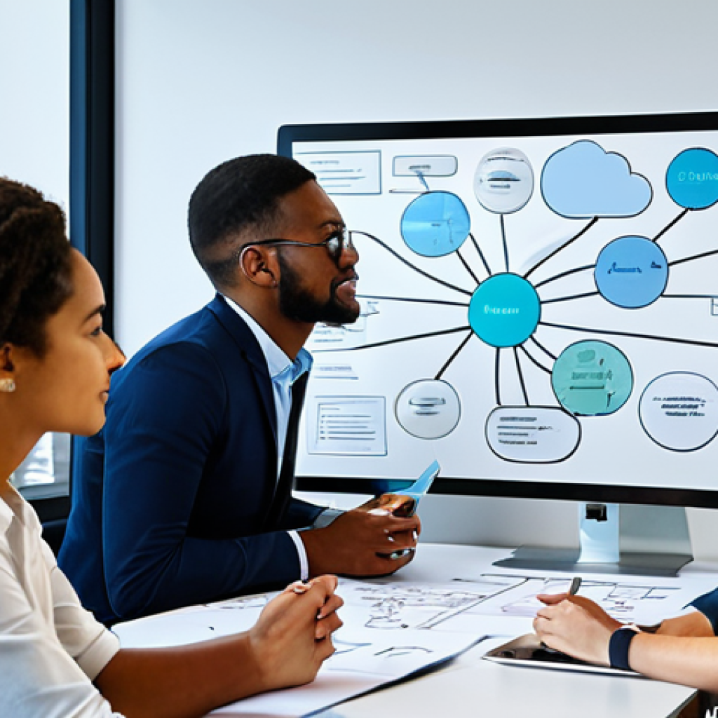 "A diverse team collaborating on a cloud-based mind map, fully clothed, in a modern office environment. The mind map features multimedia elements like images and videos. Safe for work, appropriate content, professional setting, perfect anatomy, natural proportions, team brainstorming."