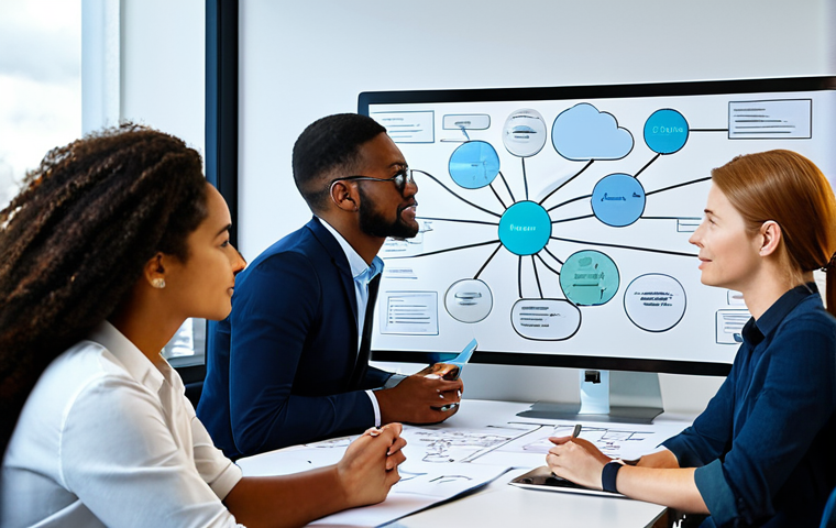 "A diverse team collaborating on a cloud-based mind map, fully clothed, in a modern office environment. The mind map features multimedia elements like images and videos. Safe for work, appropriate content, professional setting, perfect anatomy, natural proportions, team brainstorming."
