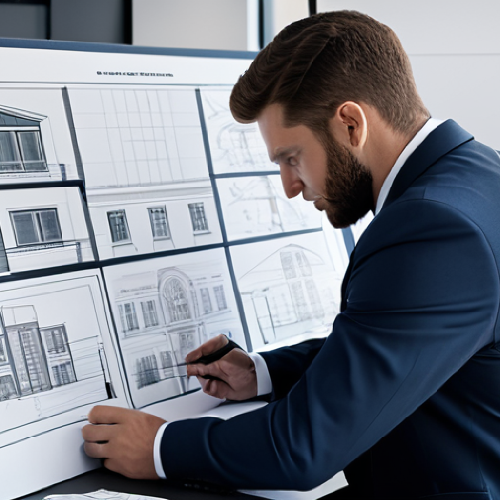 효과적인 개념 맵핑 기법 소개 - "Professional architect in a modern office, reviewing blueprints, fully clothed in business attire, ...