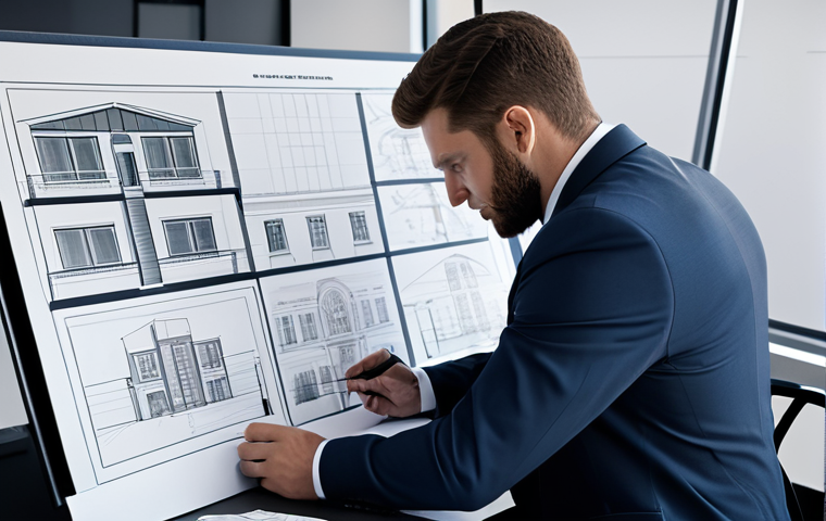 효과적인 개념 맵핑 기법 소개 - "Professional architect in a modern office, reviewing blueprints, fully clothed in business attire, ...
