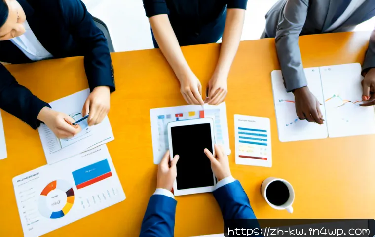 개념 맵과 데이터 기반 의사결정 - Photorealistic overhead view of a diverse business team gathered around a large clean desk, arrangin...