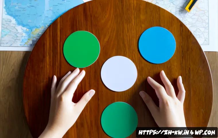 개념 맵의 시각적 표현 기법 - Photorealistic overhead view of a clean wooden desk where a person’s hands arrange colorful blank ci...